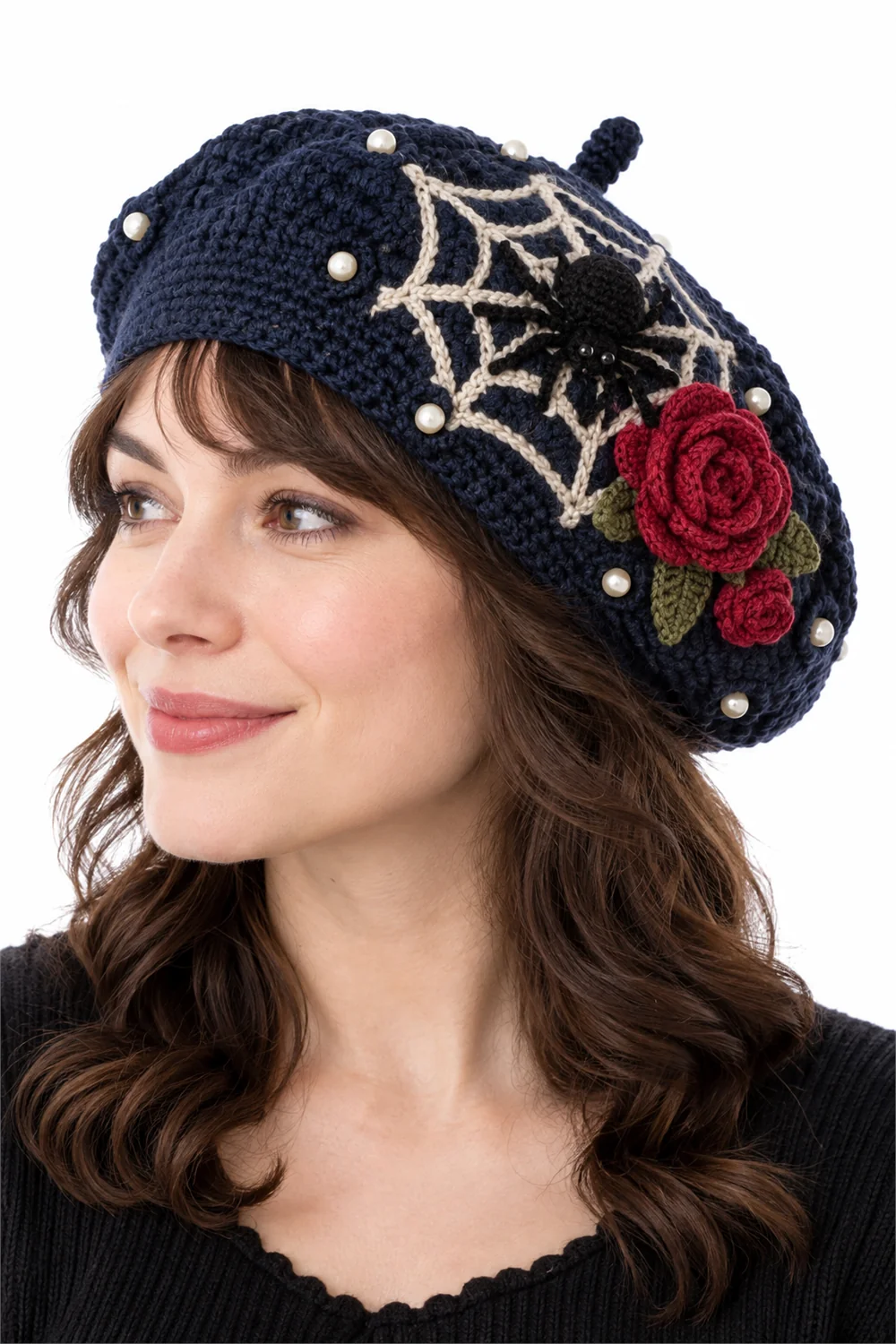 Navy blue crochet beret with subtle spider motif, gothic Halloween style