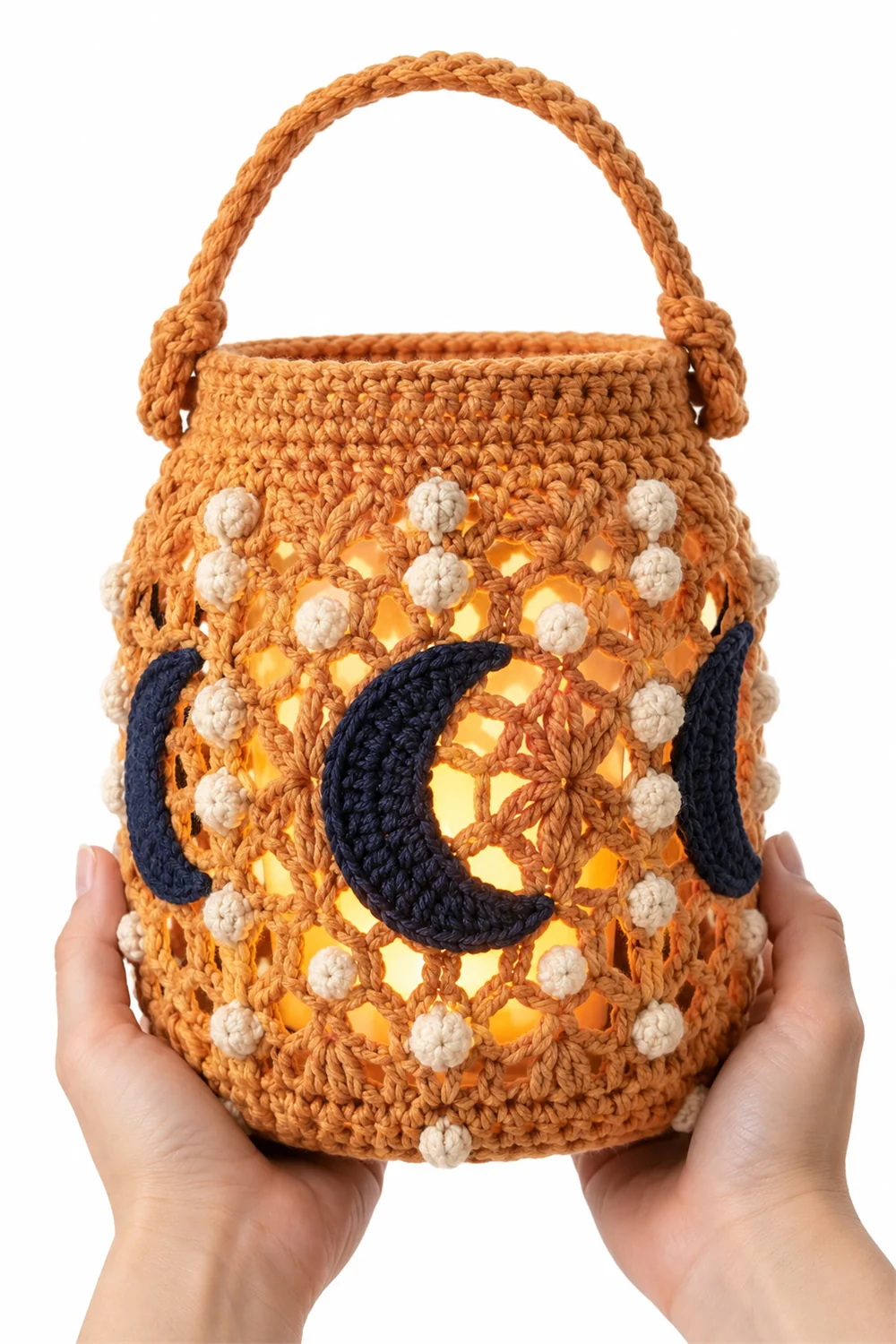 Ochre yellow papaya-shaped crochet lantern cover