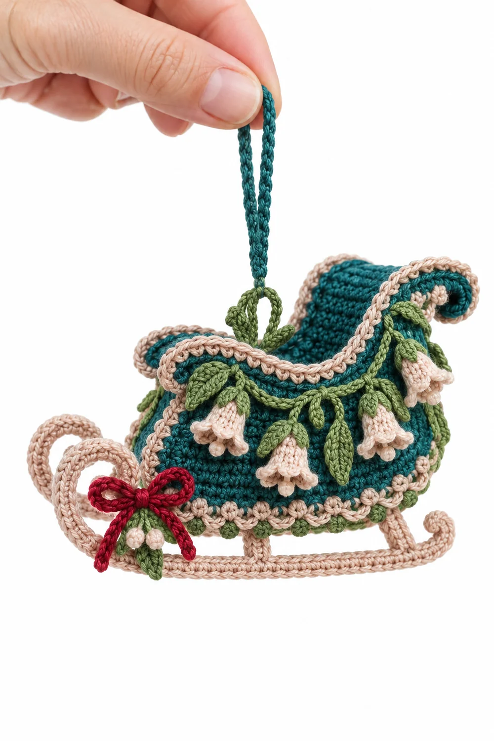 Peacock teal crochet Christmas sleigh ornament in alpine bellflower lace