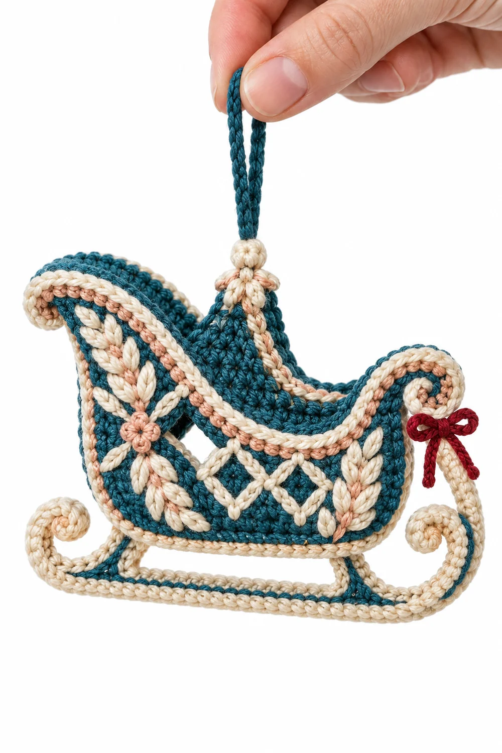 Petrol blue crochet Christmas sleigh ornament in braided wheat diamonds