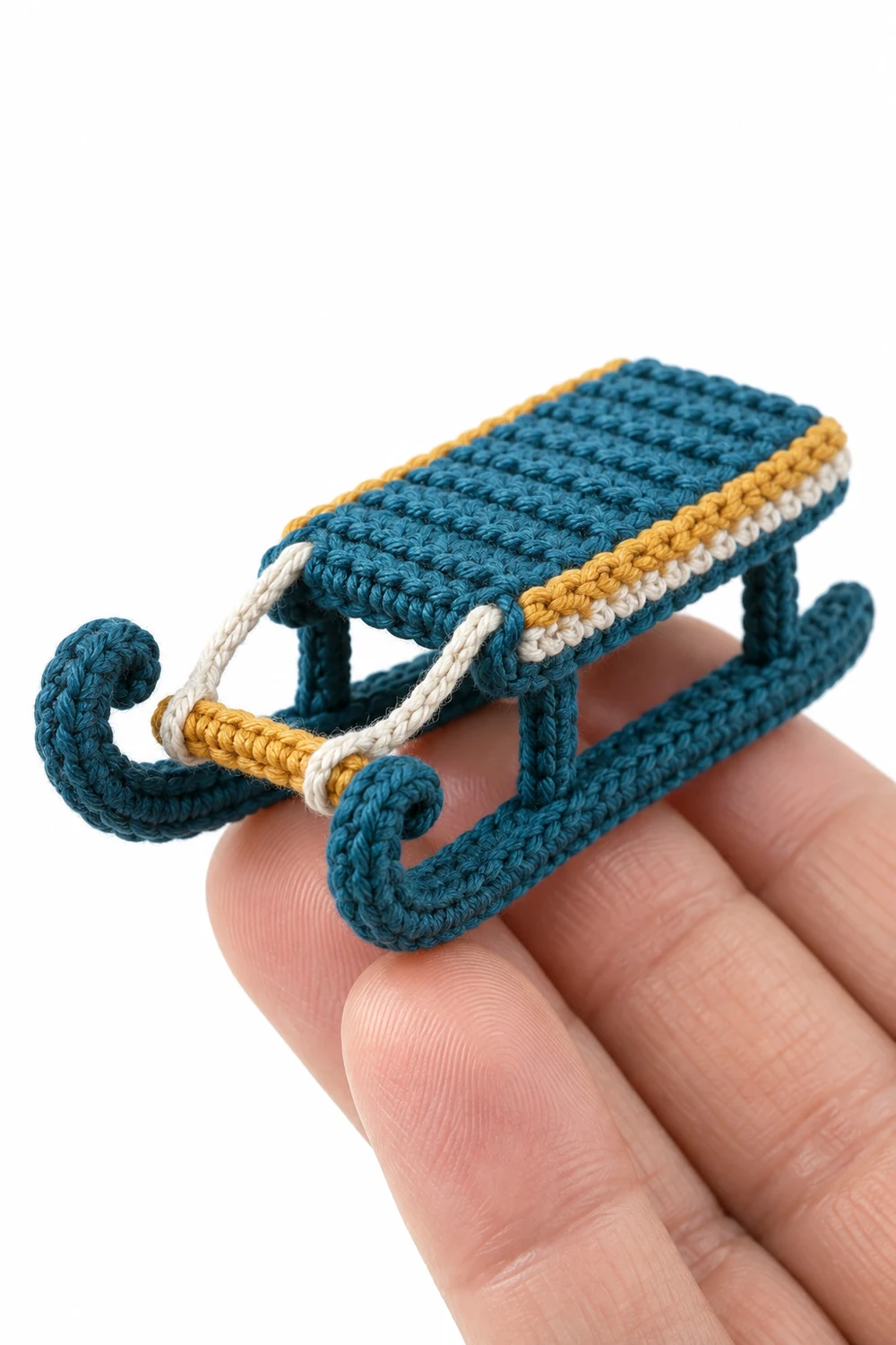 Petrol blue miniature crochet rescue sled with curved runners