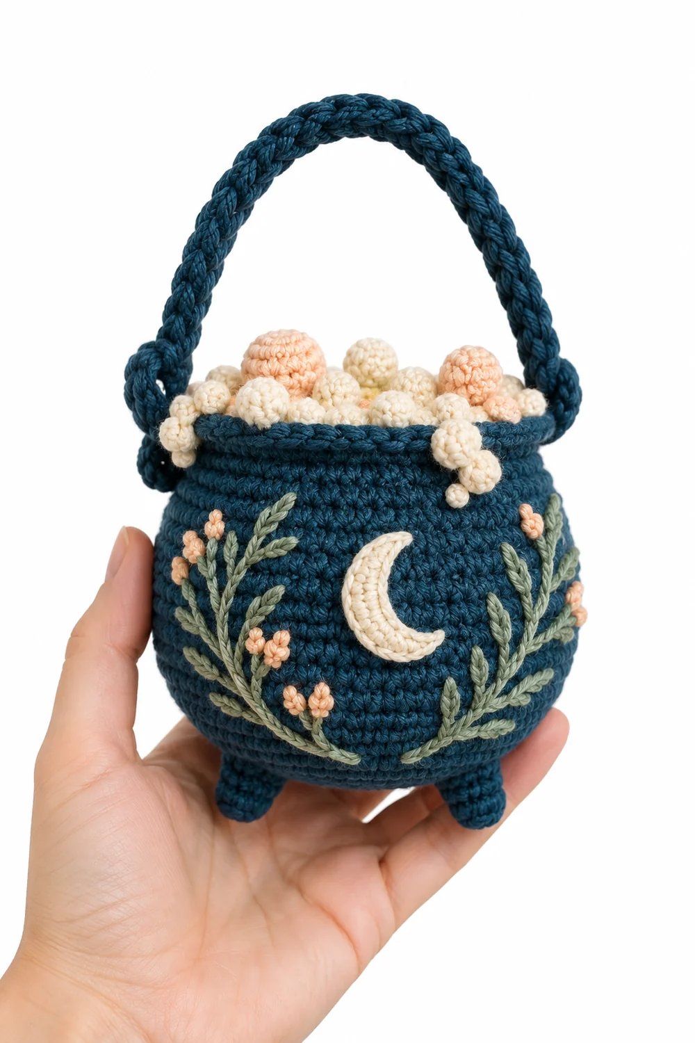 Petrol blue small crochet cauldron decoration