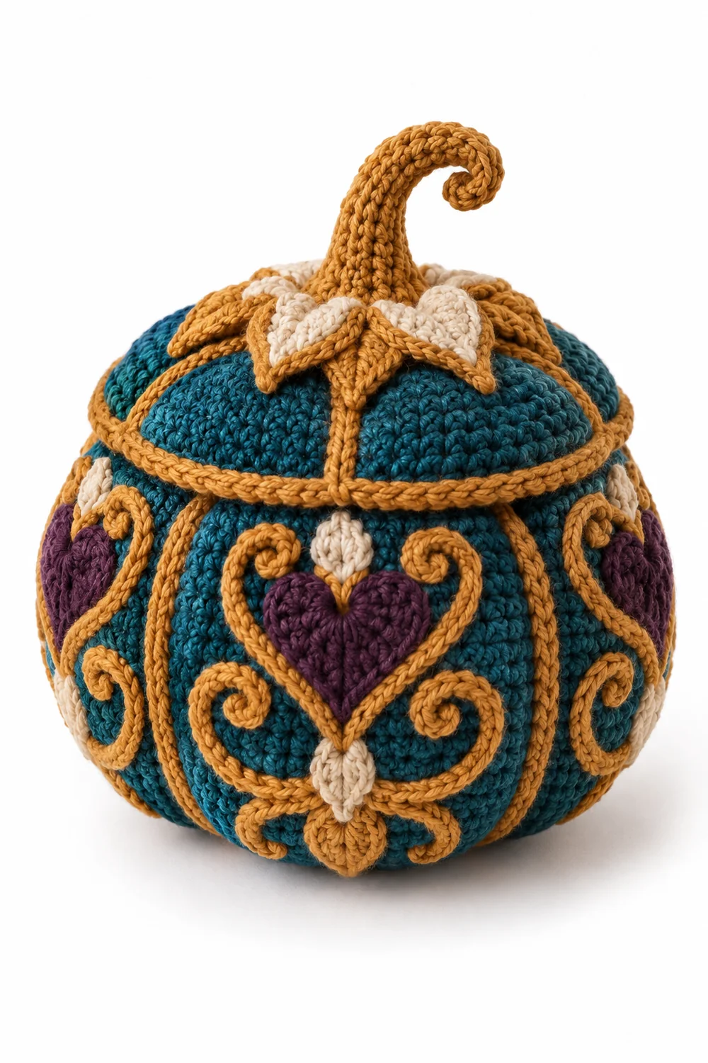 Petrol teal crochet gothic pumpkin-shaped lidded box with honey amber scrolls
