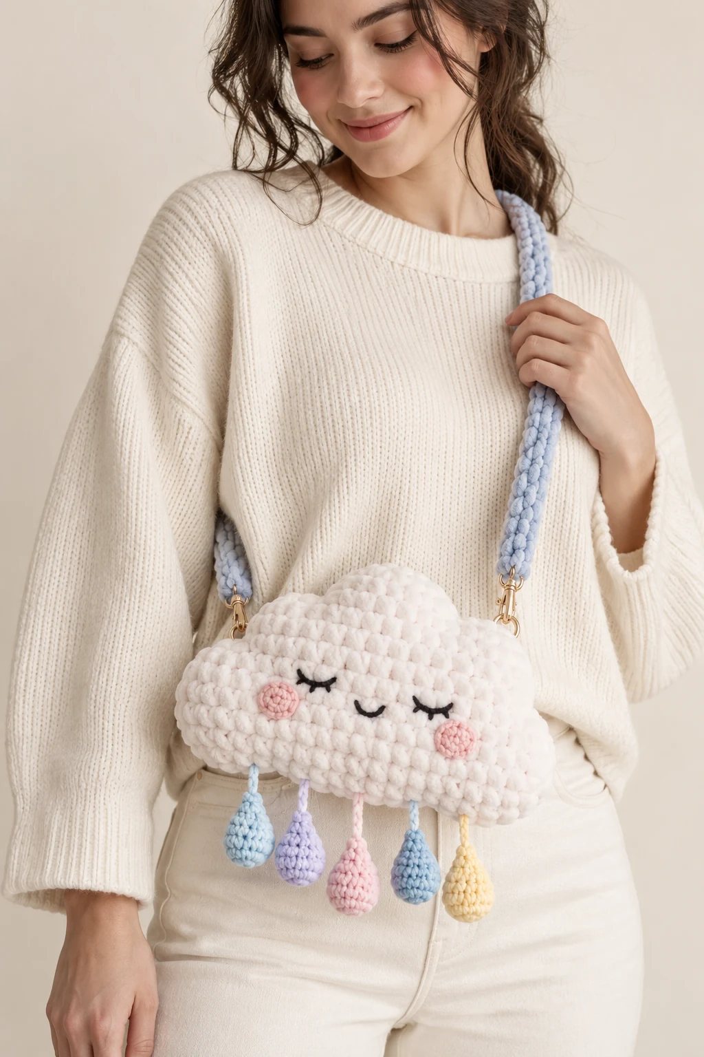 Fluffy white crochet cloud-shaped crossbody bag