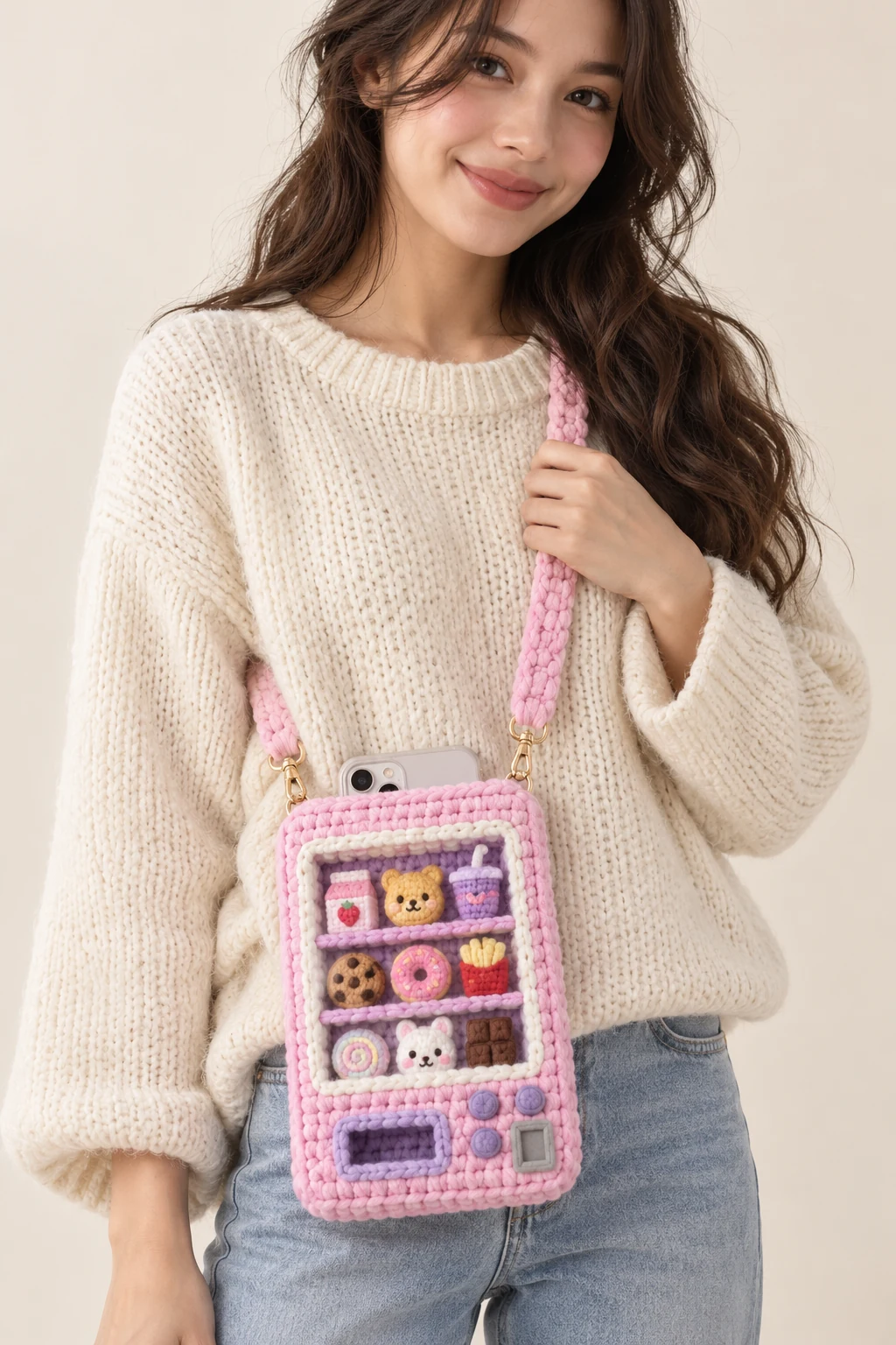 Crochet phone pouch shaped like a miniature vending machine