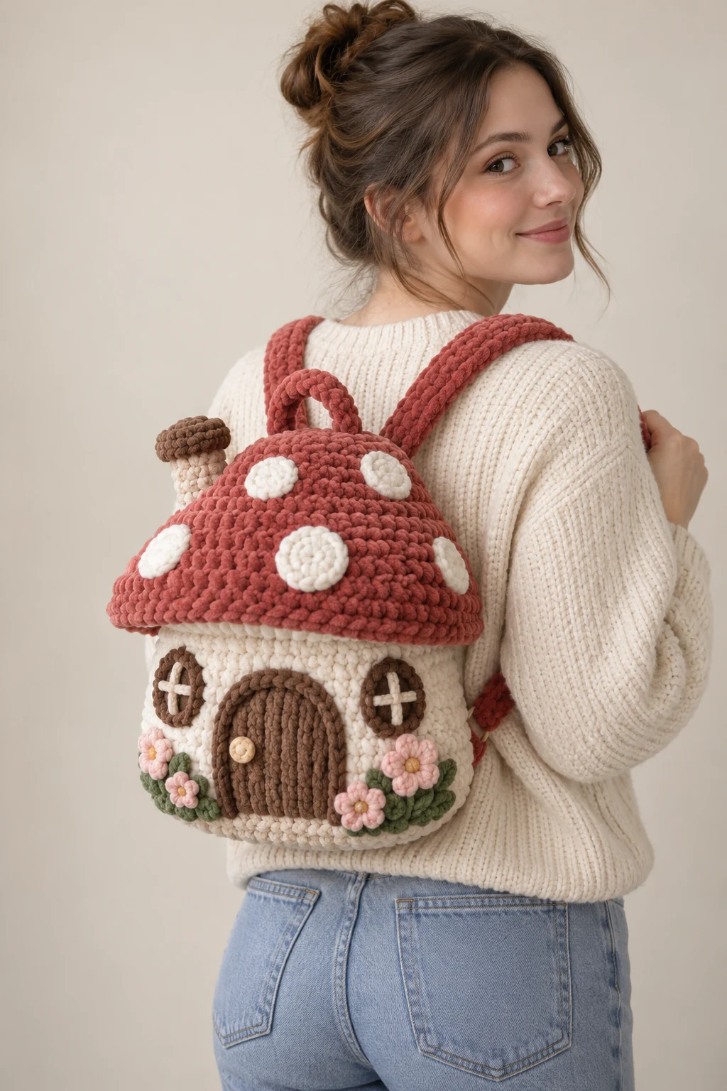 Crochet backpack shaped like a mushroom cottage with red cap roof