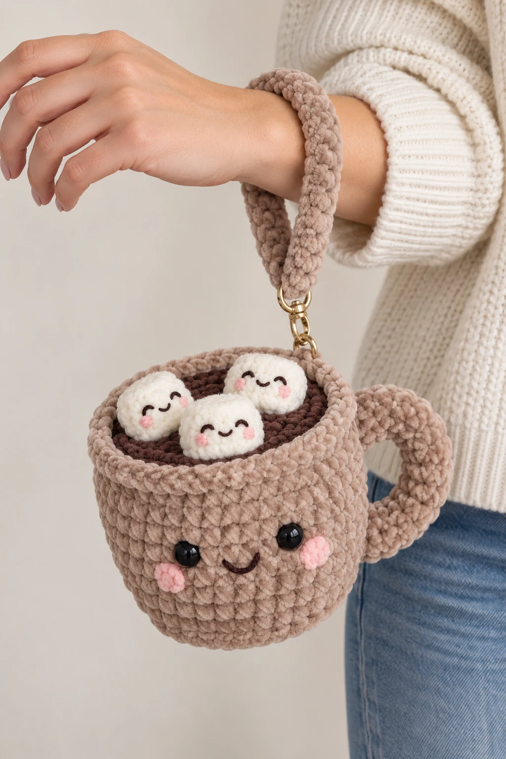 Crochet wristlet shaped like a mug of hot cocoa with marshmallows