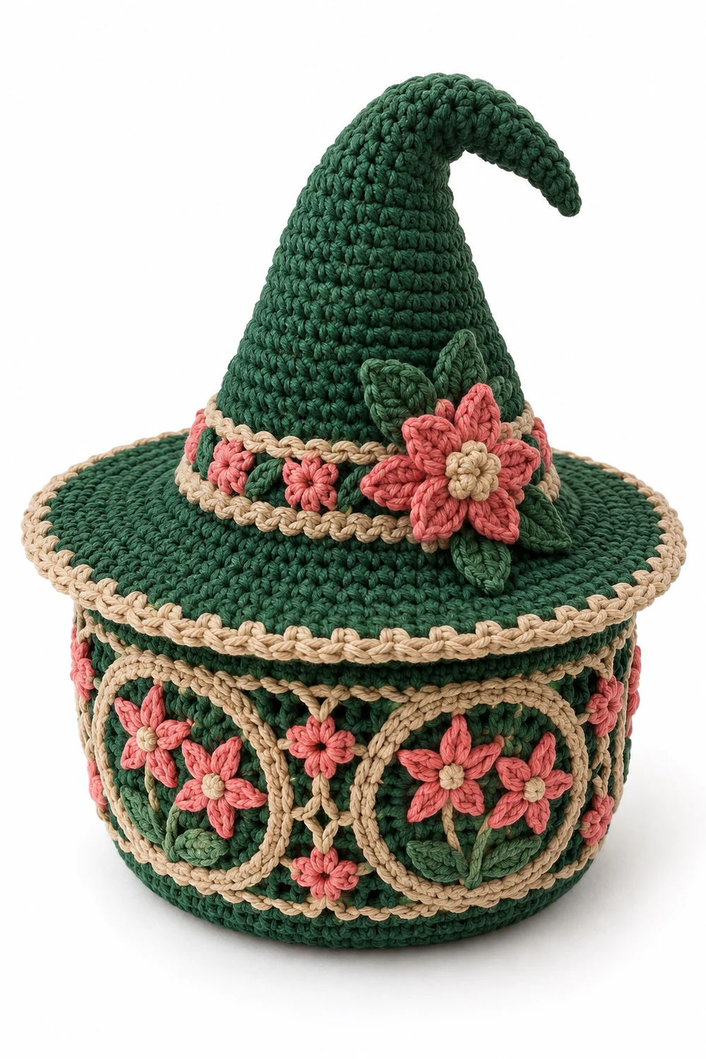 Pine green crochet basket shaped like a witch hat with star accents
