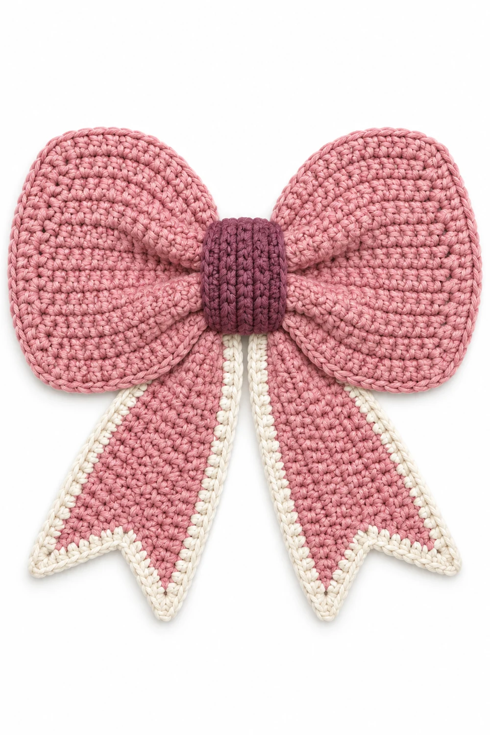 Pink crochet rug shaped like a large gift bow with loops and tails