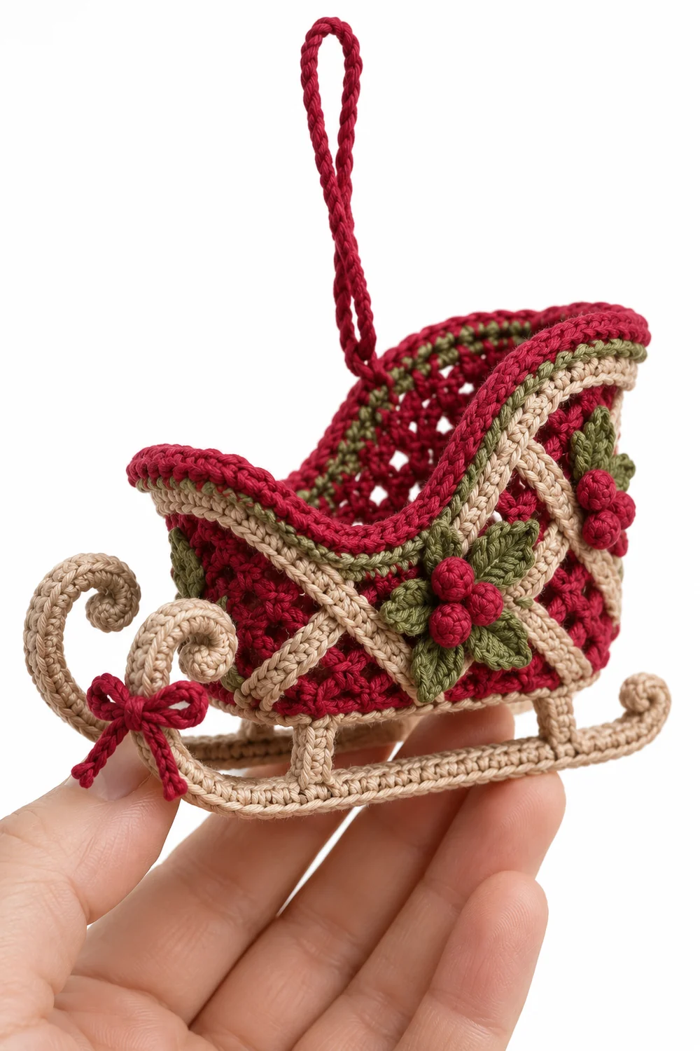 Raspberry pink crochet Christmas sleigh ornament in angular basket ribbons