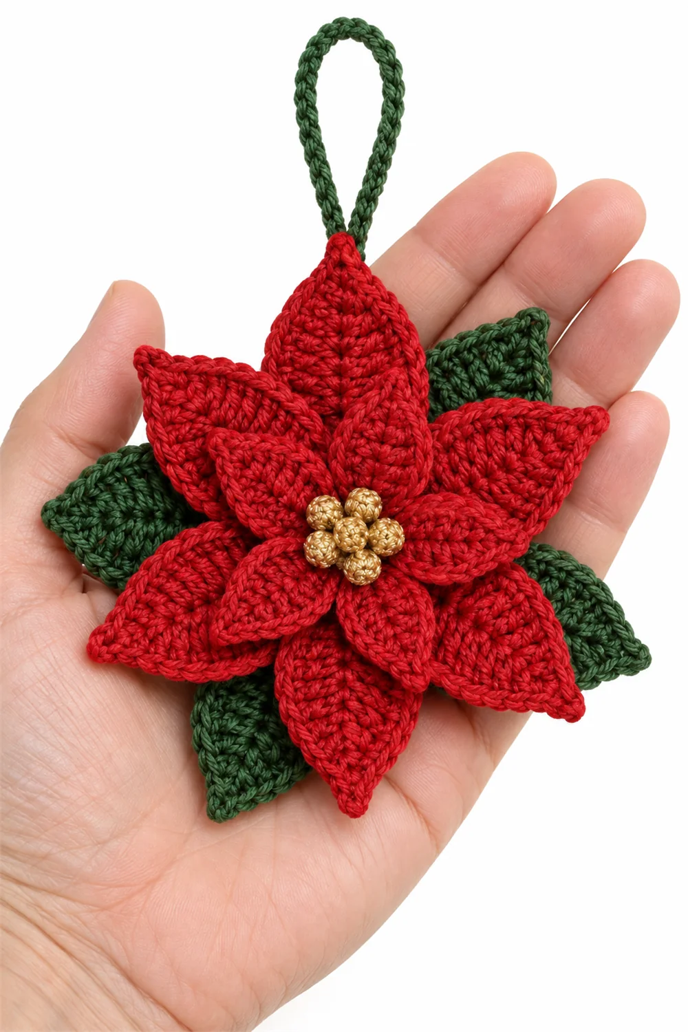 Red crochet poinsettia flower Christmas ornament