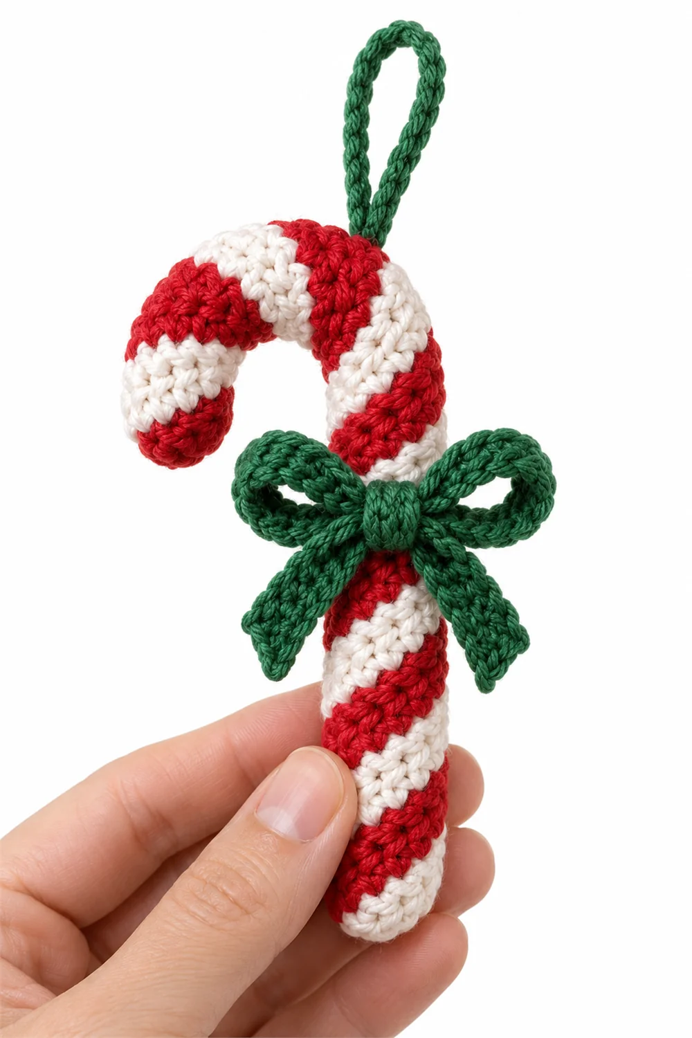 Red and white crochet candy cane Christmas ornament