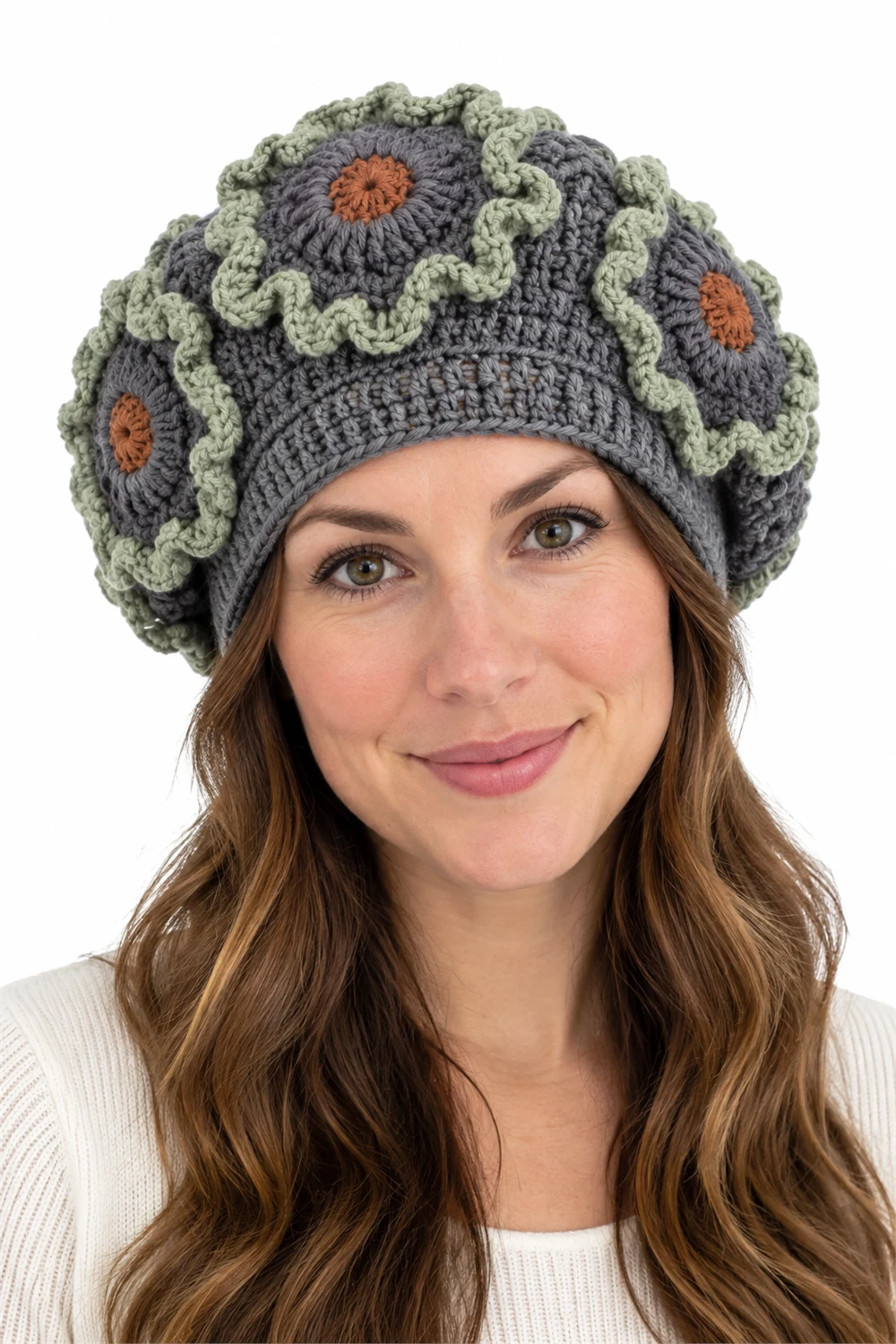 Sage crochet slouch beret with paneled construction and shield lichen texture