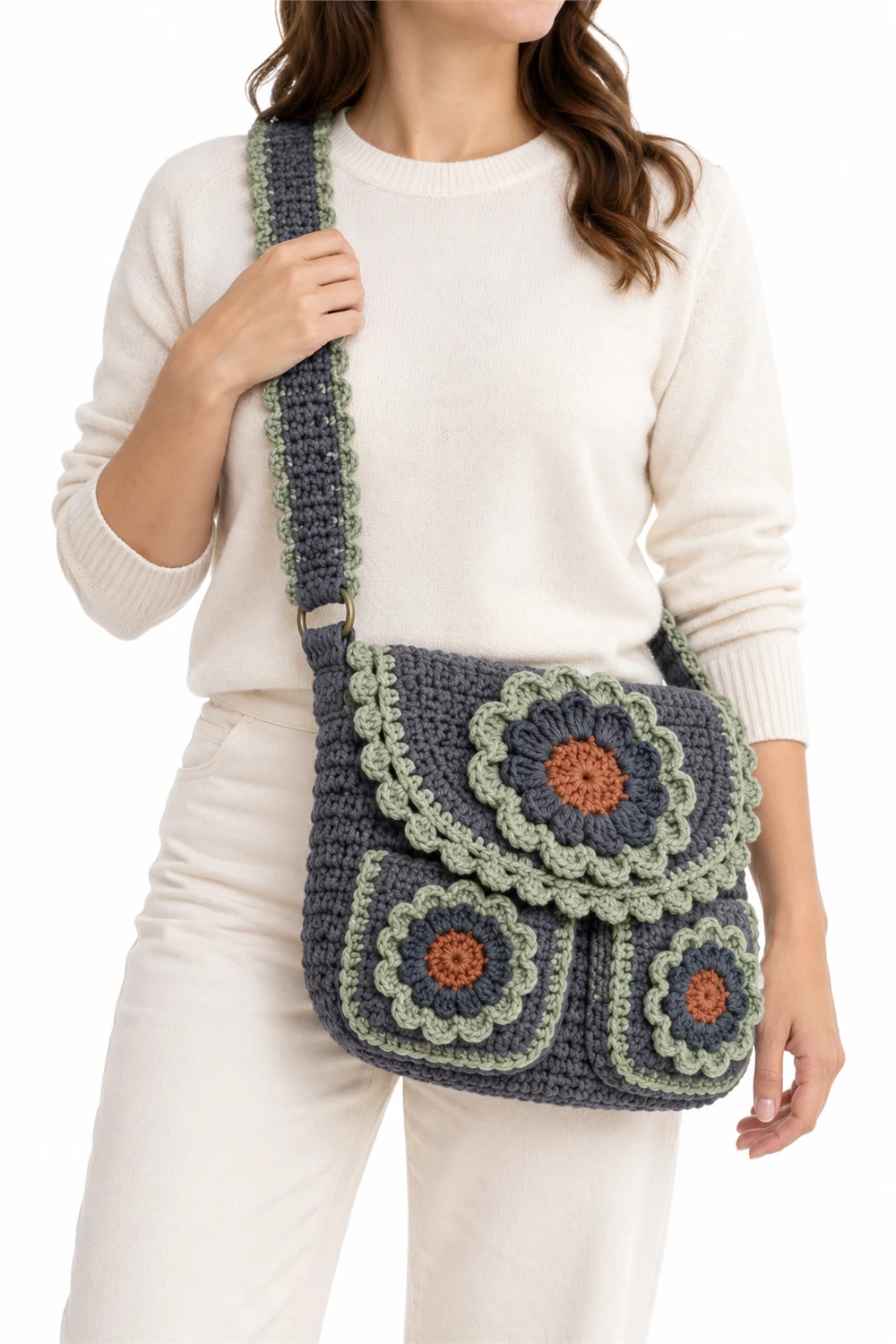 Sage crochet messenger bag with two pockets and round shield lichen texture