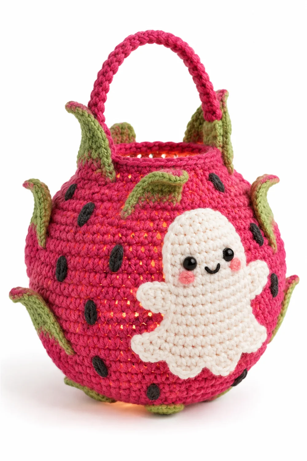 Pink dragon fruit-shaped crochet lantern cover with pointed scales