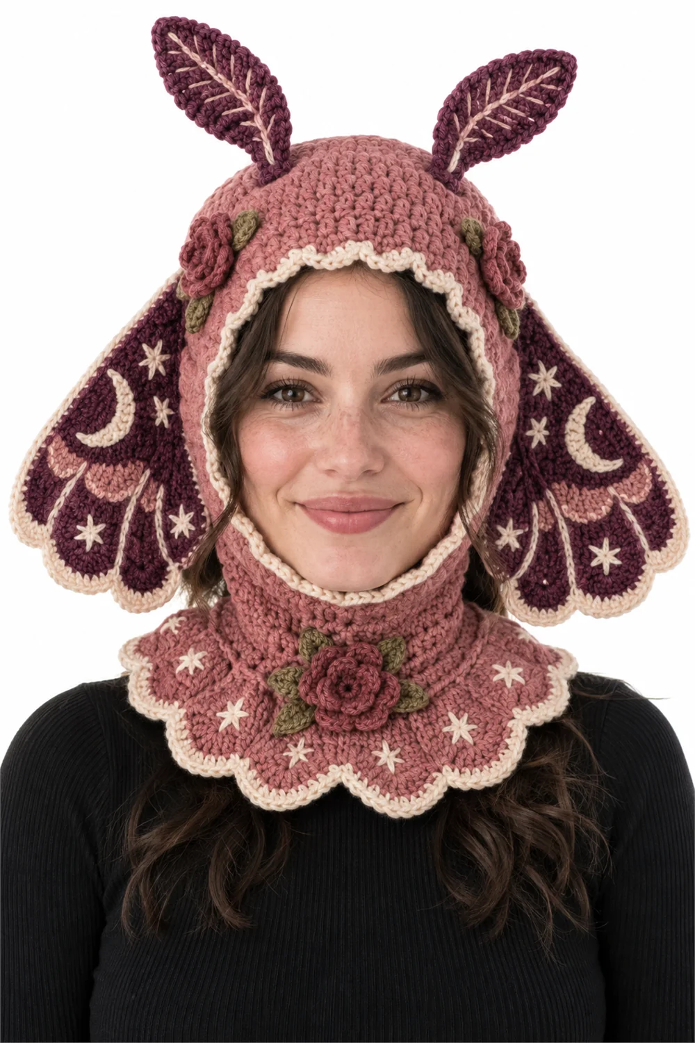 Dusty rose crochet balaclava with moth wing details, gothic style