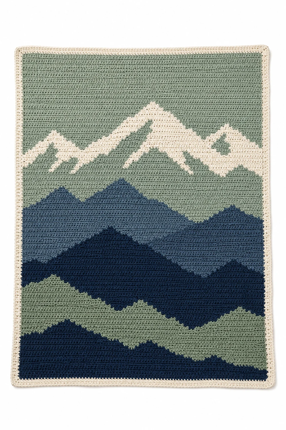 Sage green crochet blanket with zigzag mountain ridge pattern