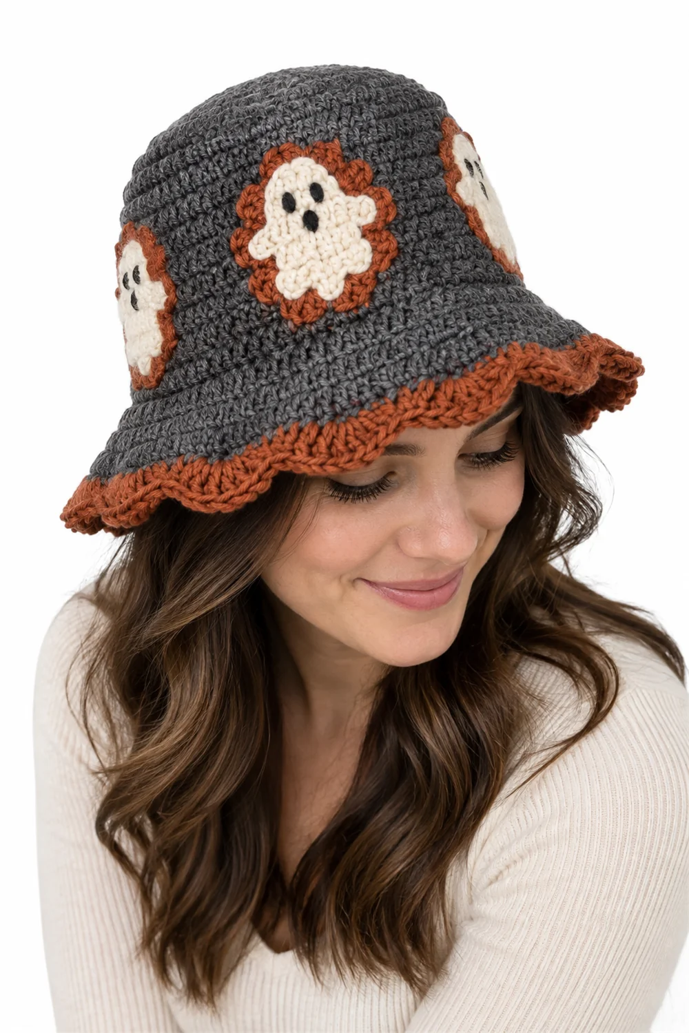 Slate gray crochet bucket hat with ghostly pale accents