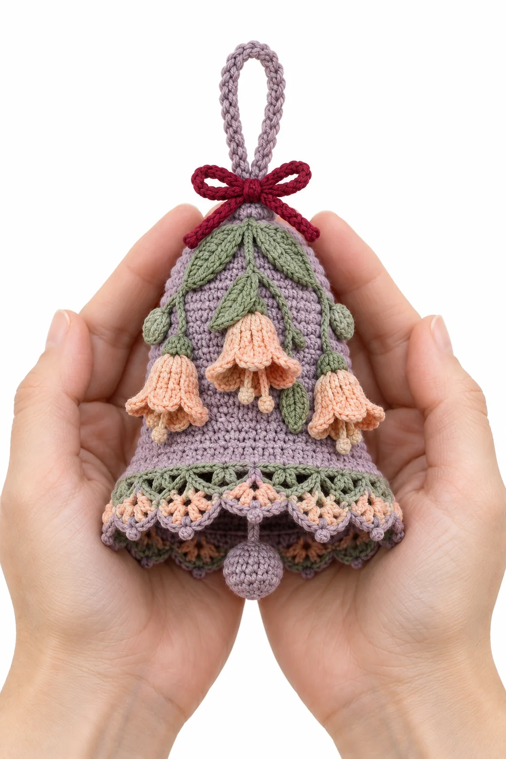 Smoky lilac crochet Christmas bell ornament in alpine bellflower lace